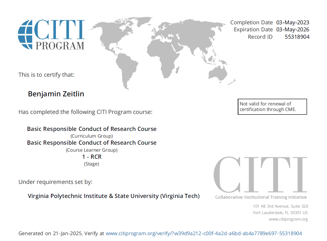 Basic Responsible Conduct of Research CITI Certification